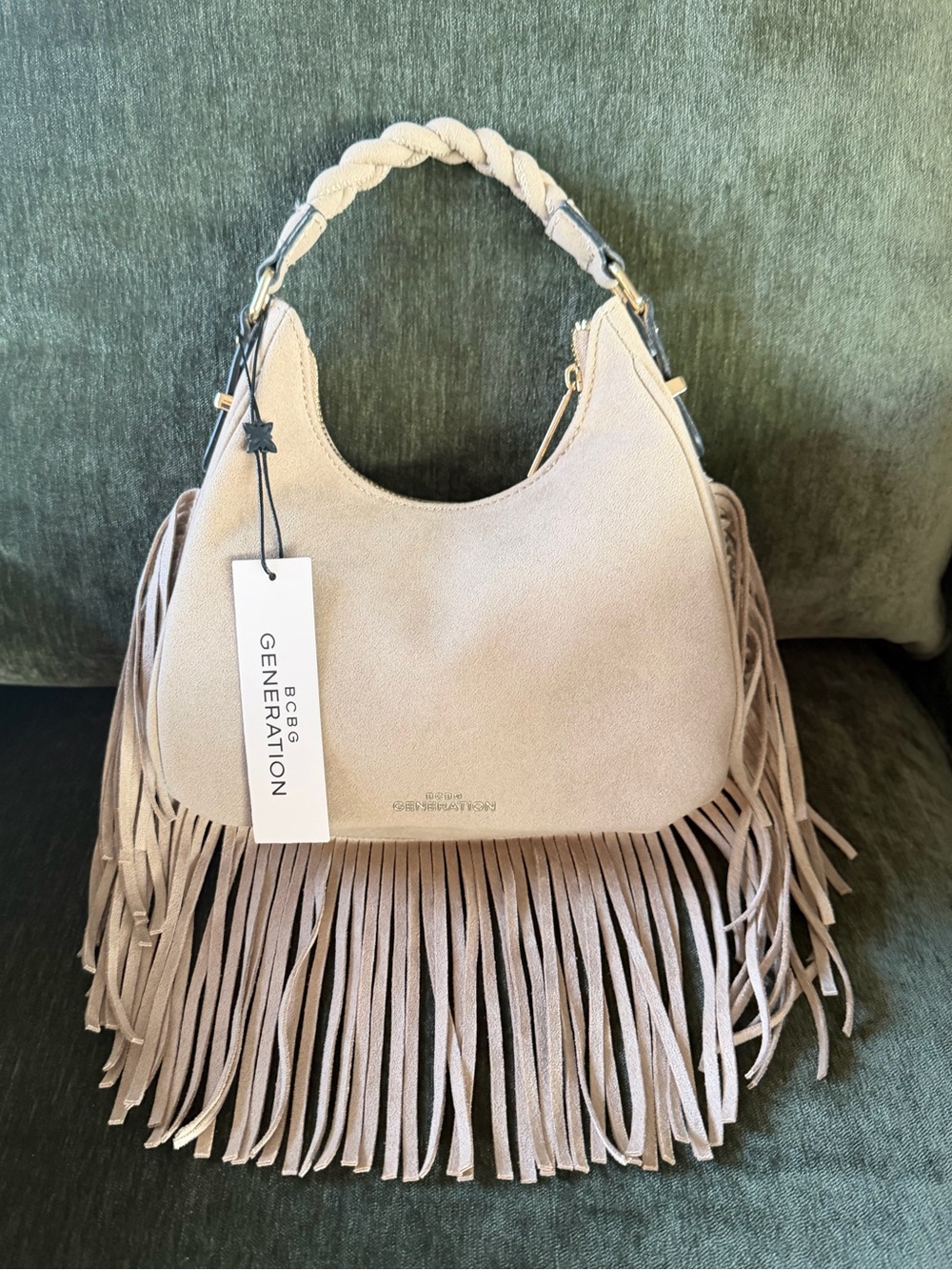 BCBGeneration Taupe Suede Fringe Shoulder Bag with Braided Handle